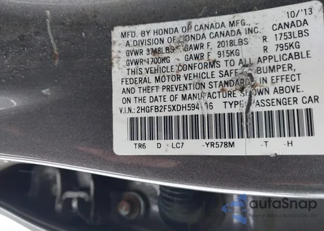 2013 Honda Civic Lx z USA, uszkodzony, nr VIN 2HGFB2F5XDH594196